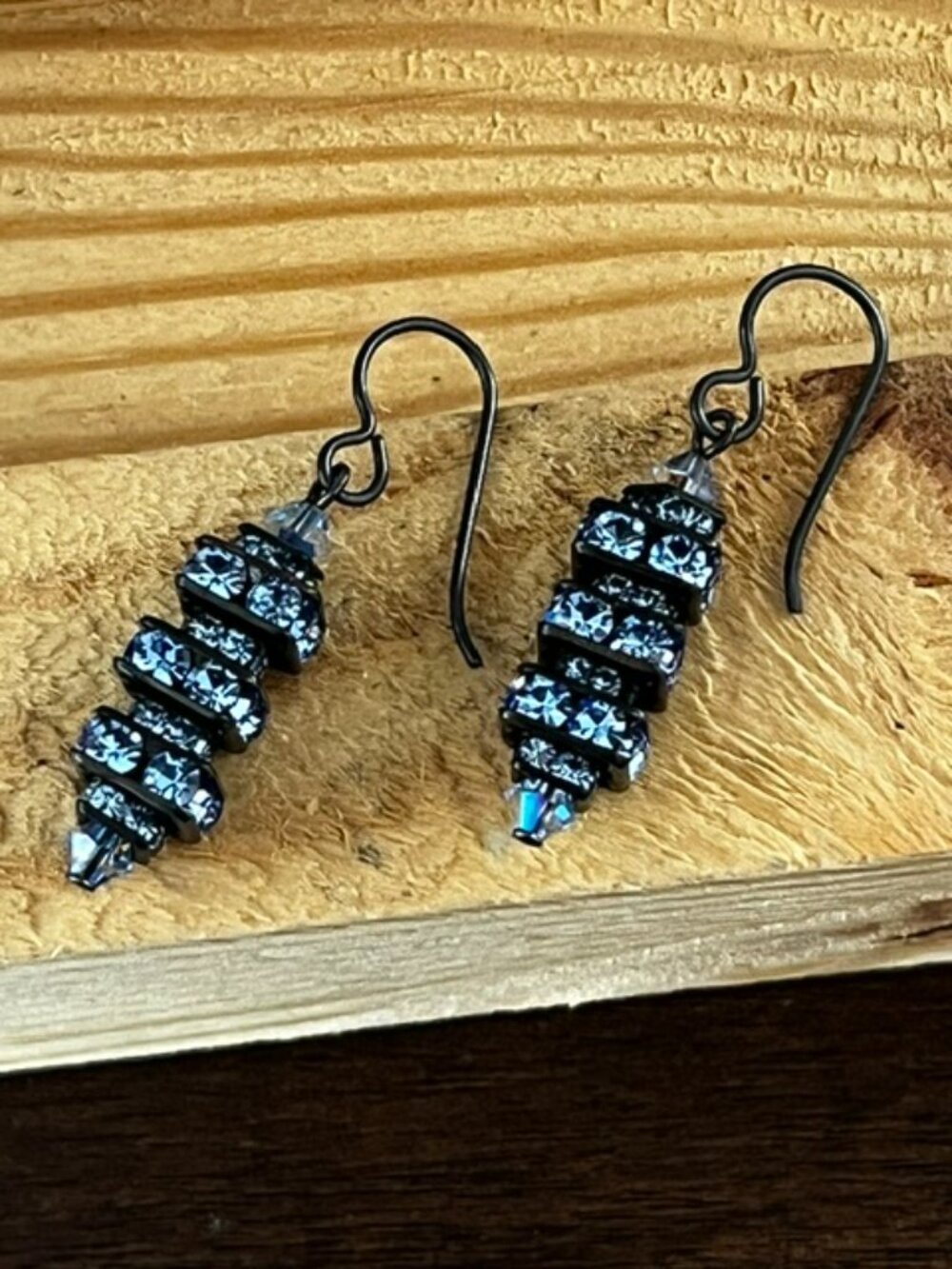 Lantern Dangle Earrings Blue Crystals Black Setting Sparkle